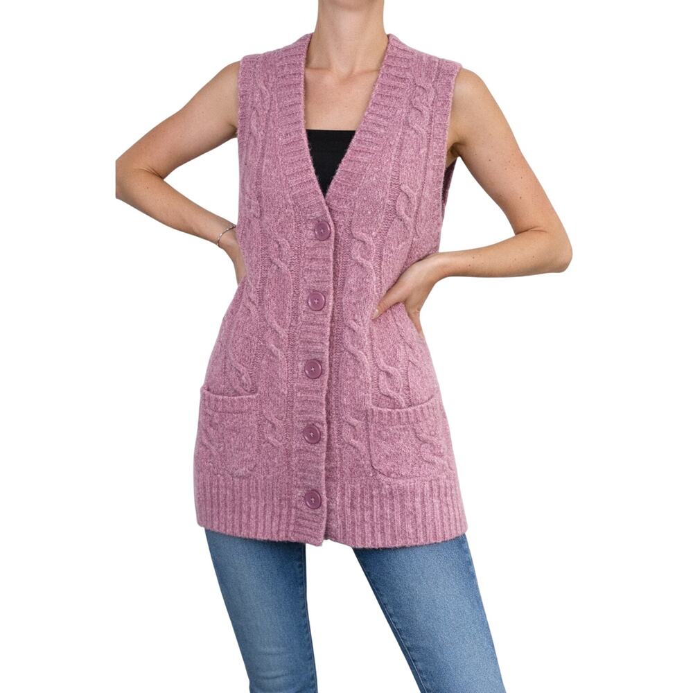 L.L.Bean Pink Cable Knit Sweater Vest Wool Blend Button Front Small